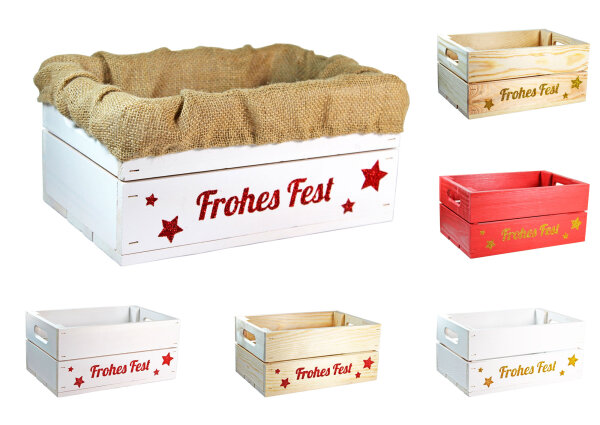 Holzkiste mit Glitter-Aufdruck Frohes Fest - Stiege Steige Weihnachten Präsentkorb Geschenk