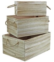 Holzkiste 3er Set Geflammt mit Trageschlaufen - Dekokiste Geschenkverpackung Aufbewahrung