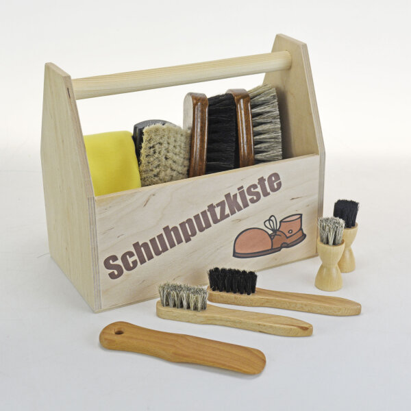 Schuhputz-Set - 10-teilig in praktischer Holzkiste mit Tragegriff - Schuhpflege-Set - Geschenkidee