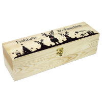 1er Weinkiste aus Holz mit Bügelverschluss und Aufdruck Weihnachten und optional Holzwolle