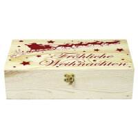 2er Weinkiste aus Holz mit Bügelverschluss und Aufdruck Weihnachten und optional Holzwolle