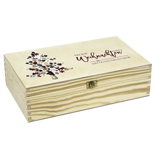 2er Weinkiste aus Holz mit Klappverschluss und Aufdruck Weihnachten und optional Holzwolle