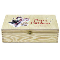 2er Weinkiste aus Holz mit Klappverschluss und Aufdruck Weihnachten und optional Holzwolle