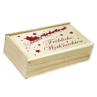 2er Weinkiste aus Holz mit Schiebedeckel und Aufdruck Weihnachten und optional Holzwolle
