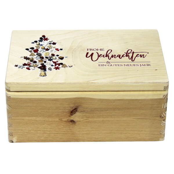 Holzkiste Geschenkbox mit Klappdeckel und Grifflöchern mit Aufdruck Weihnachten