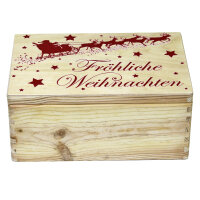 Holzkiste Geschenkbox mit Klappdeckel und Grifflöchern mit Aufdruck Weihnachten