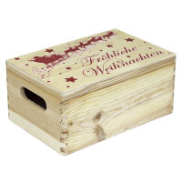 Holzkiste Geschenkbox mit Klappdeckel und Grifflöchern mit Aufdruck Weihnachten